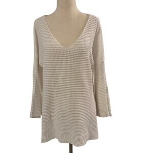 Michael Stars White Waffle Knit V-Neck Sweater Bell Sleeve Medium Ivory